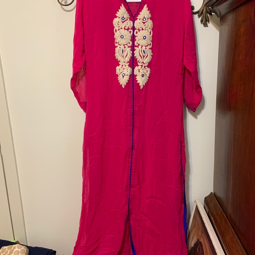 Pakistani Indian Churidar Shirt Dress Pink Gold Womens Medium Preowned.